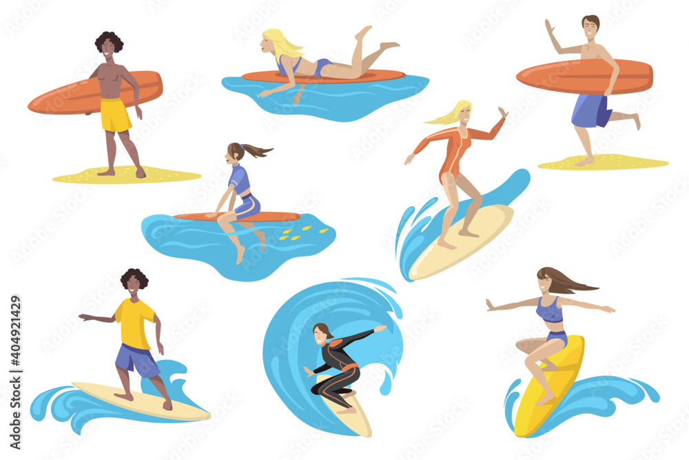 Happy surfers with surfboards flat set for web design. Cartoon people surfing, standing, running, swimming with boards isolated vector illustration collection. Sport activity and holiday concept Happy surfers with surfboards flat set for web design. Cartoon people surfing, standing, running, swimming with boards isolated vector illustration collection. Sport activity and holiday concept
