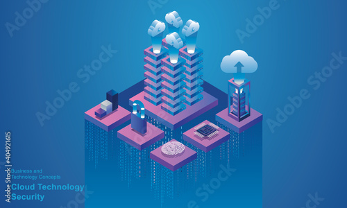 Computer technology server room digital device Isometric concept Cloud storage communication with the network Online devices uploads download information data in a database on cloud services  vector