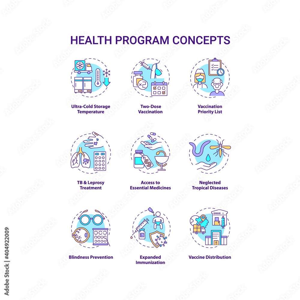 Health program concept icons set. Health programs principles. Covid vaccination. Vaccine distribution idea thin line RGB color illustrations. Vector isolated outline drawings. Editable stroke