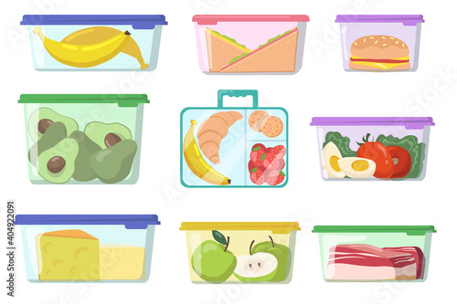 Plastic containers with various food flat set for web design. Cartoon lunch boxes with fresh meal isolated vector illustration collection. Nutrition and storage concept