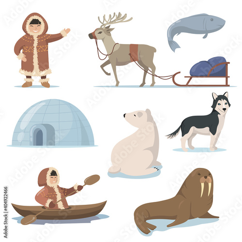 Alaska elements and happy Inuits flat set for web design. Cartoon Eskimo characters in traditional clothing and arctic animals isolated vector illustration collection. Life in far north concept