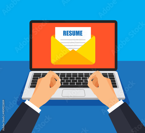 Businessman send resume file on e-mail. Envelope and document on a screen. Getting or send new mail. Vector illustration.