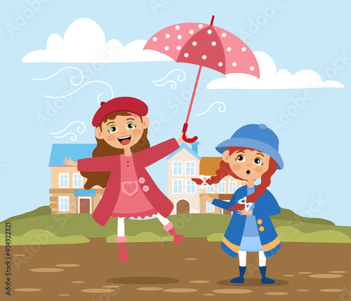 Two little girls are walking in windy weather. Spring mood concept. A dreamy young girl flying on an umbrella with a gust of wind. Funny cartoon characters. Flat vector illustration