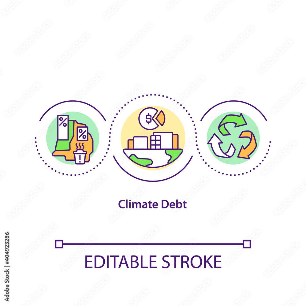 Climate dept concept icon. Industrial production harm idea thin line illustration. Preserving environment ProblemVector isolated outline RGB color drawing. Climate justice. Editable stroke