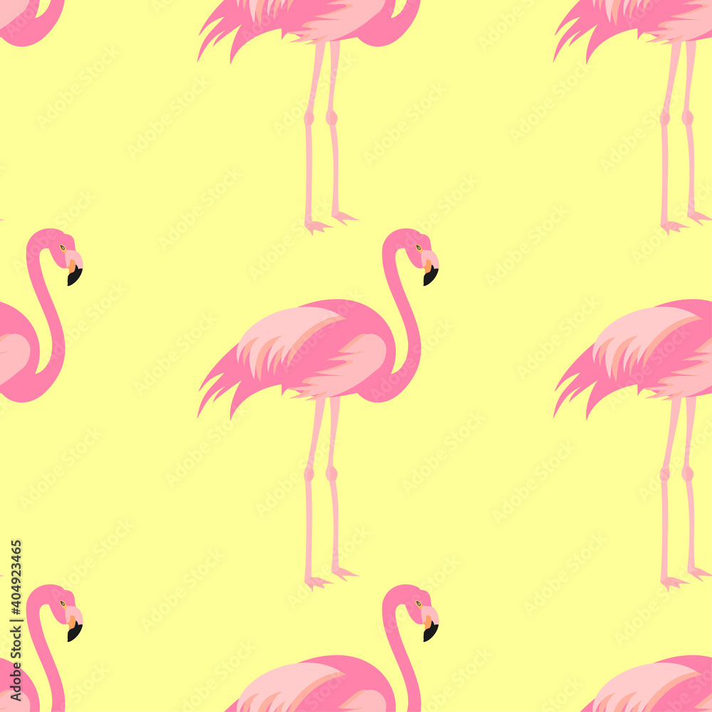 Fototapeta premium Exotic, tropical seamless pattern with pink flamingos, hibiscus, palm leaves, pineapple. Vector.