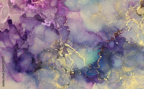 Abstract violet and gold glitter color horizontal background. Marble texture. Alcohol ink