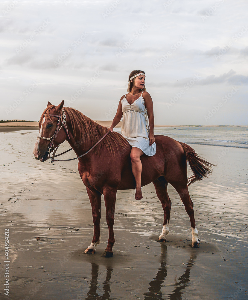 Woman with horse beach, smiling - Jericoacoara - Ceará - Jeri Woman with horse beach, smiling - Jericoacoara - Ceará - Jeri