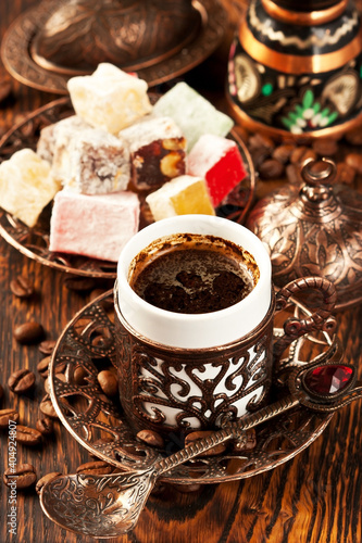 Traditionally served Turkish coffee with eastern sweets