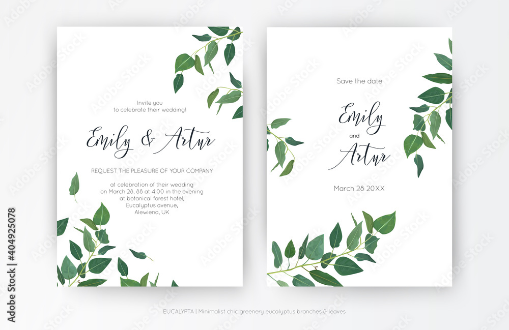 Wedding modern, minimalist style Invitation, floral invite card design: natural greenery eucalyptus branches, green leaf decorative pattern. Vector, elegant, botanical, classy, watercolor template set