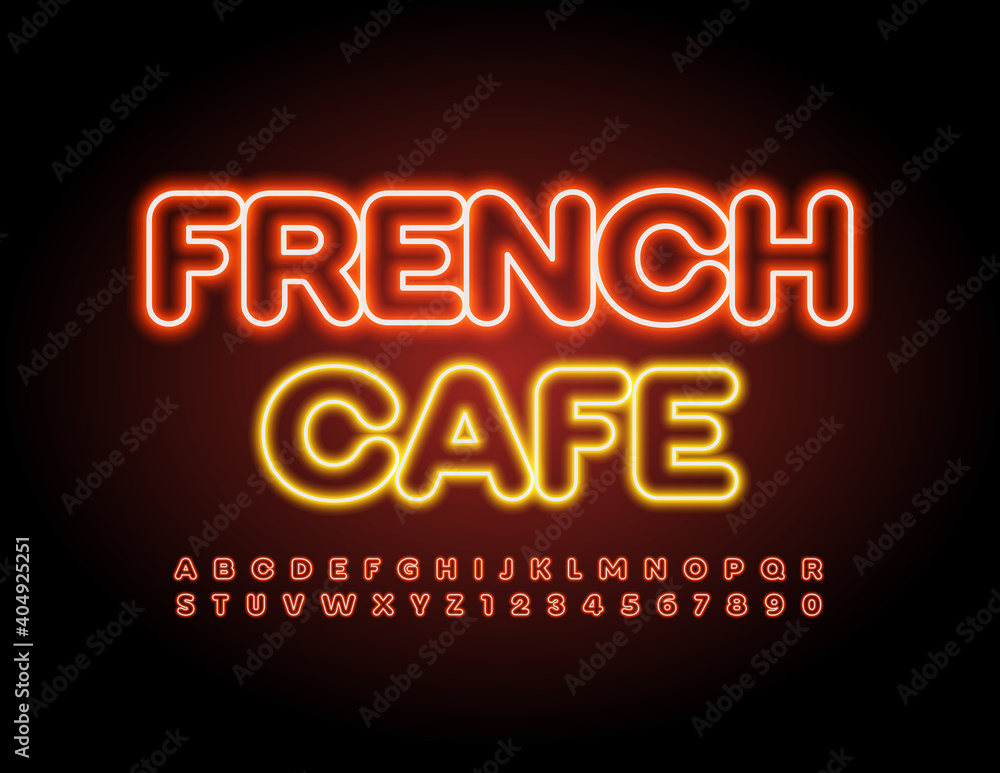 Vector bright logo French Cafe. Glowing Neon Alphabet Letters and Numbers. Modern Illuminated Font