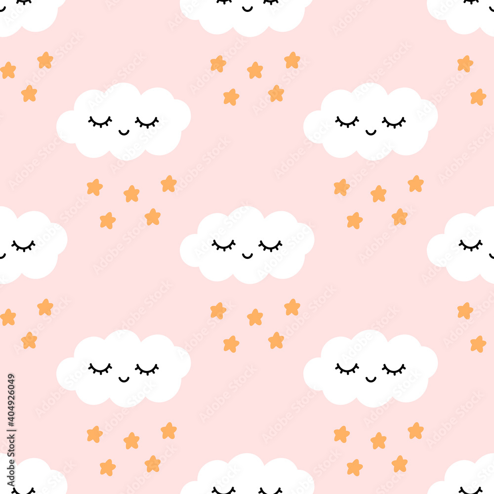 Cute seamless pattern with character cloud and stars. Beautiful print for home decor, textile, packaging, wrapping paper etc. Vector illustration for children in Scandinavian style.
