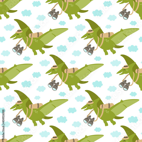 Seamless pattern with funny dinosaur or pterodactyl. Beautiful print for home decor, textile, packaging, wrapping paper etc. Vector illustration for children in scandinavian style.
