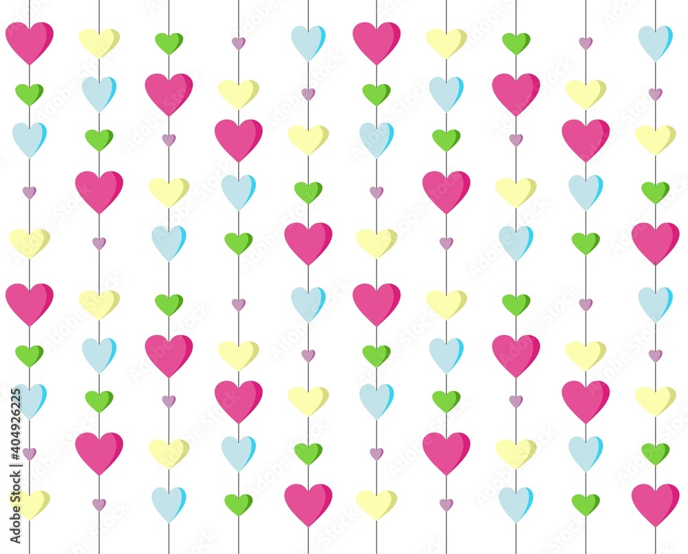 Colorful hearts pattern, wreath with white background Valentines Day