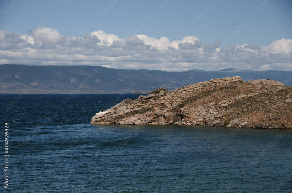 Lake Baikal with blue water and rocky shore