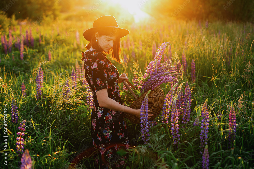 Fototapeta premium Beautiful woman relaxing in lupine field with rustic basket and flowers at sunset,tranquil moment