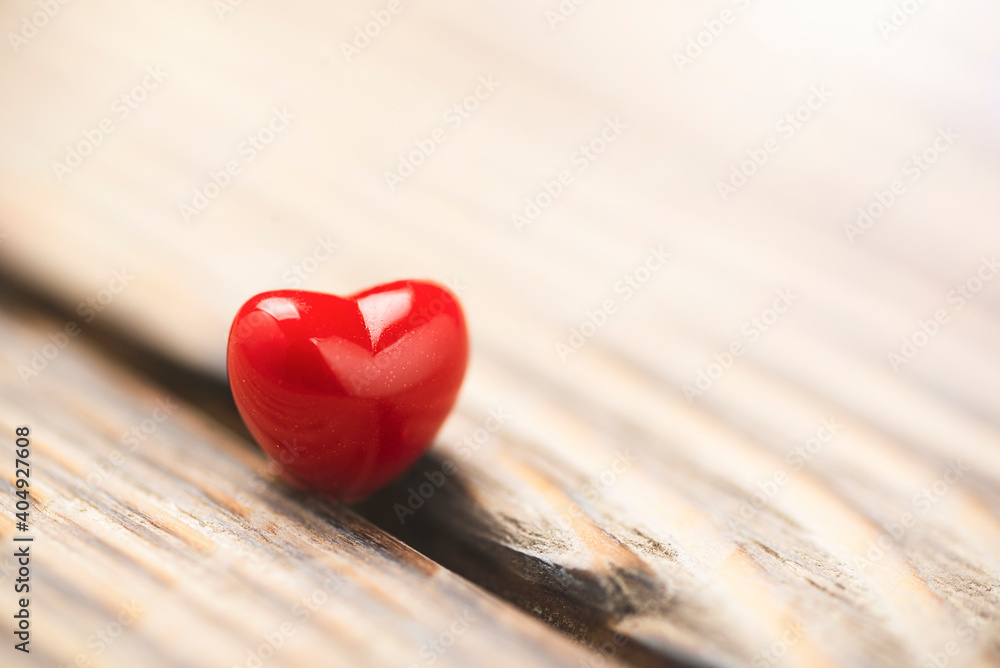 Fototapeta premium Valentines Day background with hearts. Red heart on old wood. Holidays card with copy space