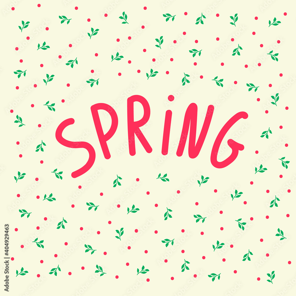 The inscription Spring in a circle of Foliage and Dots. Beautiful peas in texture with Tree Branches. Spring poster for booklet design. Vector illustration