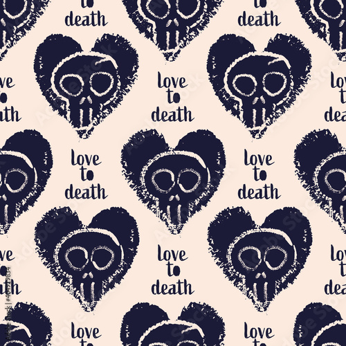 Vector dark hearts skulls white seamless pattern