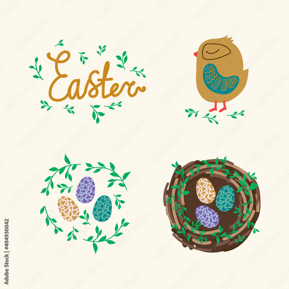 Set of Easter Items. Nest with colored eggs. Cute golden-colored bird. Chicken, egg, Bird house. Chicken eggs in a circle of leaves. The inscription Easter in the foliage. Vector illustration Set of Easter Items. Nest with colored eggs. Cute golden-colored bird. Chicken, egg, Bird house. Chicken eggs in a circle of leaves. The inscription Easter in the foliage. Vector illustration
