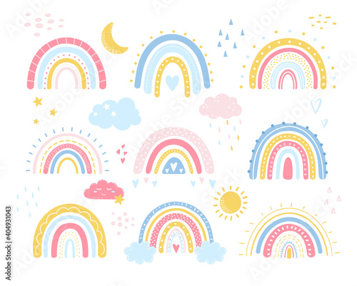 Vector baby cute rainbow in cartoon scandinavian style. Hand drawn rainbow icons for kids posters, wrapping, textile, wallpaper, prints, fabric. Rainbow set with clouds, stars, sunshine, drops, heart.