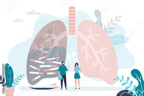 Man and woman smoking cigarettes. Healthy and unhealthy lung on background. Sick lung filled with smoke and cigarettes
