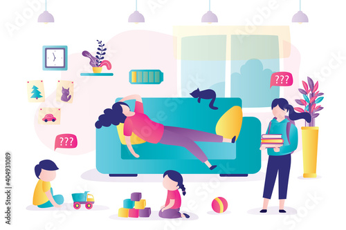 Tired mother lies on couch, children want spend time with mom. Room interior with furniture. Housewife overworked
