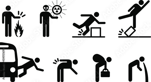 People icons: a variety of common accidents. Burns, radioactivity,trip,fall,falling out of vehicles,back strain, heavy lifting and poisoning.