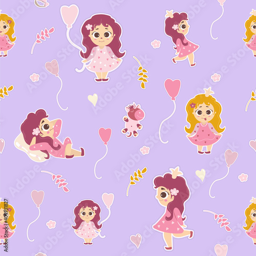 Seamless pattern. Little girls princesses - with their tongues out, with long hair, with a balloon, lies on a pillow and stands on a purple background with a unicorn toy, flowers and branches. Vector