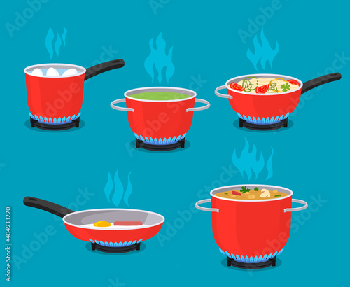 kitchen utensils. frying pan, pots, ladle of food are cooked on the gas stove.