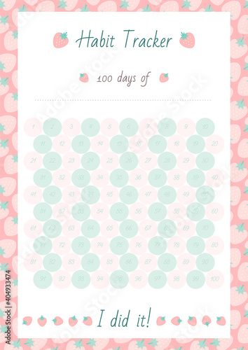 100 days of... Habit Tracker. Notebook page on a background of a cute strawberry pattern. Vector 10 ESP.