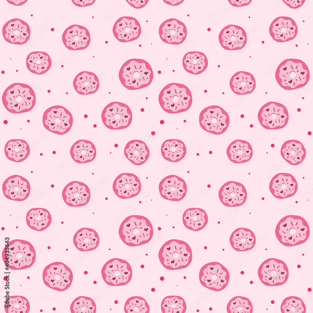 Pink donuts seamless pattern with sprinkles. Festive dessert. Delicious pastries. Vector illustration. Pink donuts seamless pattern with sprinkles. Festive dessert. Delicious pastries. Vector illustration.