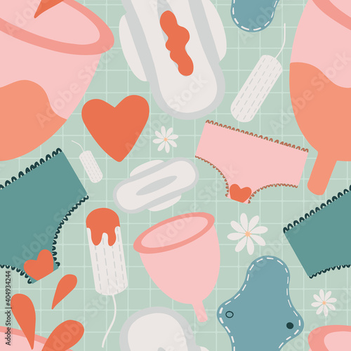 Menstruation theme. Period vector illustration. Feminine hygiene products. Panties, pads, cups. Menstrual protection, feminine hygiene. Zero waste objects. 