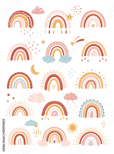 Vector colorful rainbow in cartoon scandinavian style. Hand drawn rainbow icons for kids posters, wrapping, textile, wallpaper, prints, fabric. Rainbow set with clouds, stars, sunshine, drops, heart.