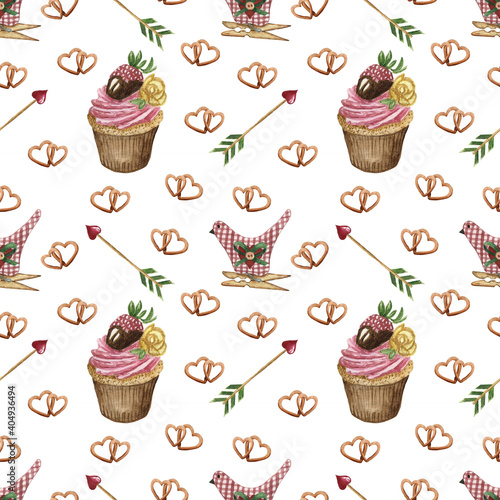 Watercolor seamless pattern on Valentine's day. Cute pattern for gift, postcard, digital paper