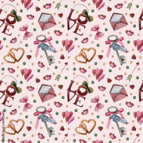 Watercolor seamless pattern on Valentine's day. Cute pattern for gift, postcard, digital paper