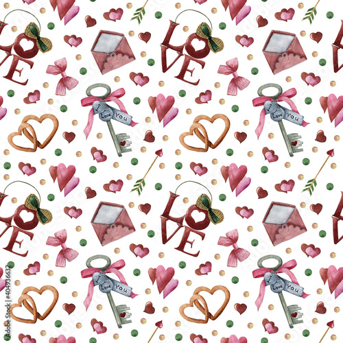 Watercolor seamless pattern on Valentine's day. Cute pattern for gift, postcard, digital paper