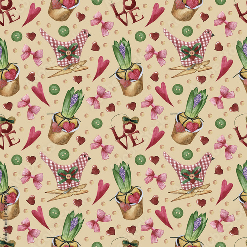 Watercolor seamless pattern on Valentine's day. Cute pattern for gift, postcard, digital paper