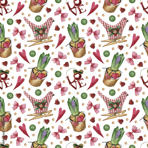 Watercolor seamless pattern on Valentine's day. Cute pattern for gift, postcard, digital paper