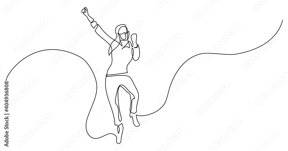 continuous line drawing of cheering jumping woman wearing face mask continuous line drawing of cheering jumping woman wearing face mask