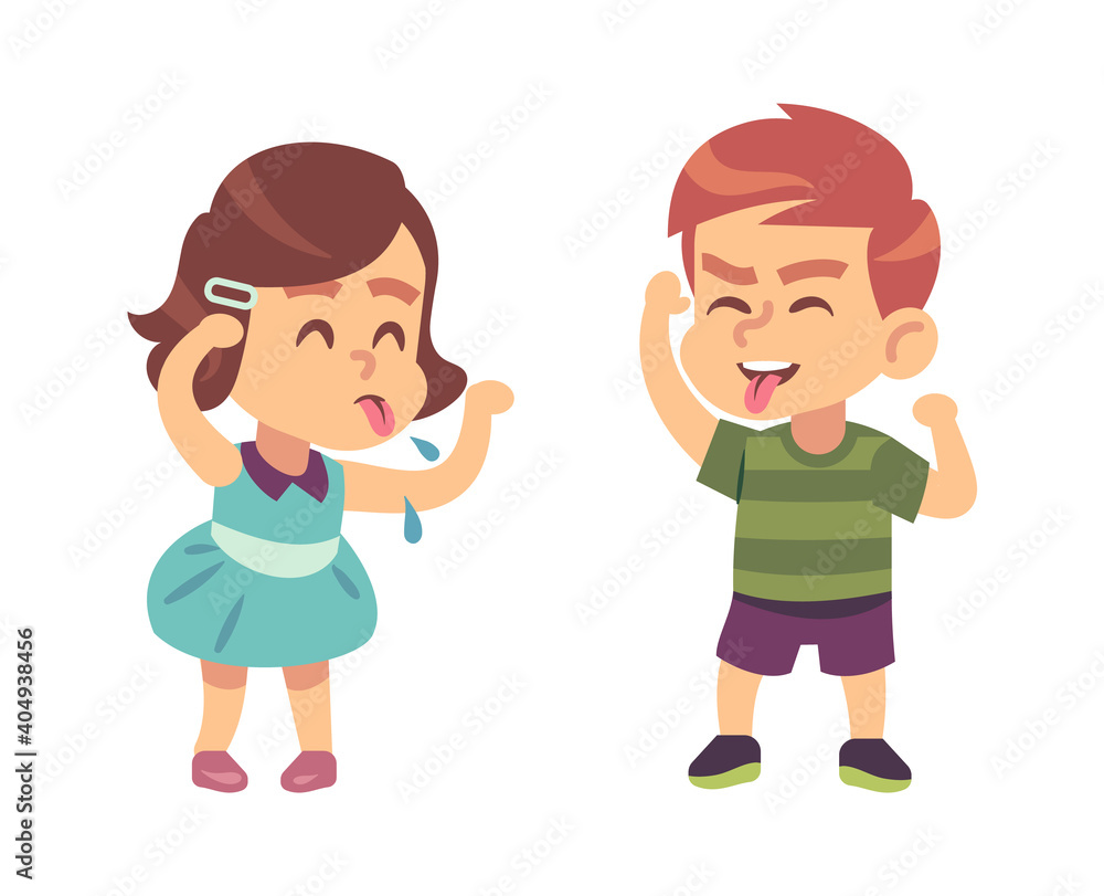 Boy and girl teasing each other. Naughty preschooler show tongue, happy children funny games, bad manners kids conflict on playground or kindergarten vector isolated illustration Boy and girl teasing each other. Naughty preschooler show tongue, happy children funny games, bad manners kids conflict on playground or kindergarten vector isolated illustration