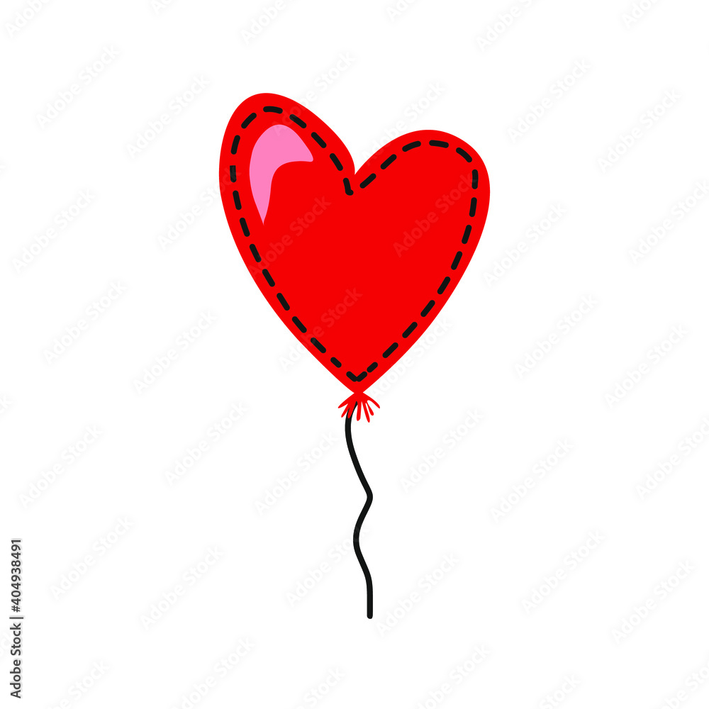 Red Heart Ballon In Doodle Style. Isolated objects perfect for Valentine's day card or romantic post cards