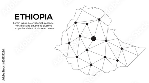 Ethiopia communication network map. Vector image of a low poly global map with city lights. Map in the form of lines and dots