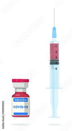 Syringe and vaccine bottle against Covid-19 infection, vector illustration.