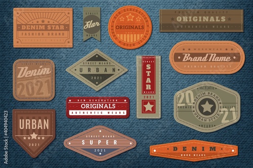 Denim labels. Graphic leather badge and textured background, authentic embroidery typography jeans clothes fashion print, vintage emblems with text retro western stickers, vector isolated set