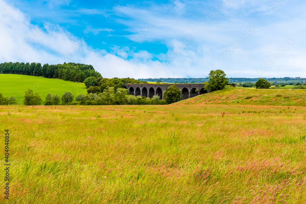 A view across the long grass in the fields near Catesby towards the old abandoned viaduct