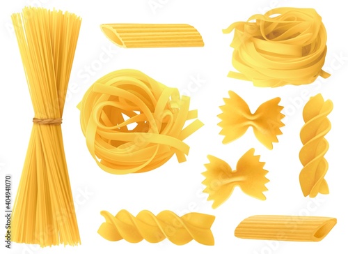 Italian pasta types. Realistic 3d dry spaghetti, penne, and homemade tagliatelle, organic farfalle and wheat fusilli. Culinary products collection, cooking ingredient vector isolated set