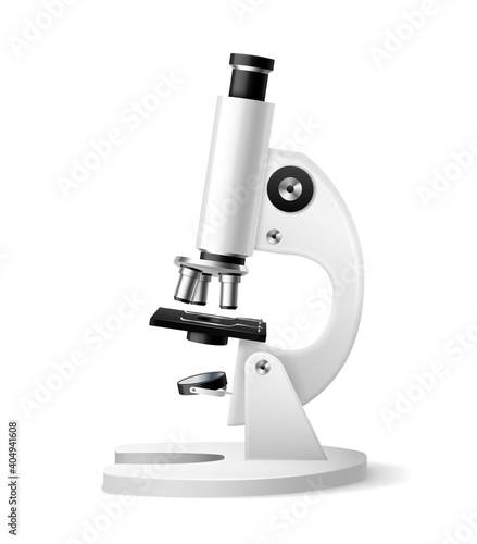 Realistic microscope. 3d laboratory optical white equipment scientific research device, microbiological analysis, multiple zoom, magnifying tool vector isolated single illustration