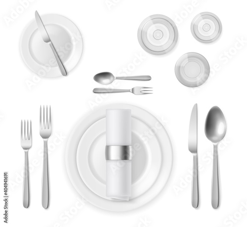 Table setting top view. Realistic 3d silver cutlery and white plates, restaurant banquet service, silverware positions, full dinner serving. Vector realistic isolated illustration