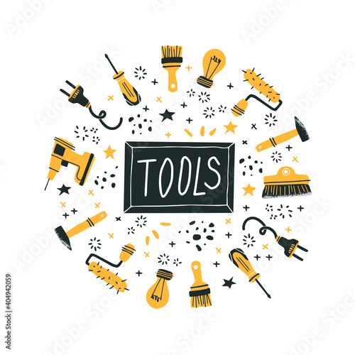 DIY store concept. Vector illustration of tools for home renovation and shop departments in a flat style with hand drawn lettering. Perfect for hardware store poster, banner or flyer