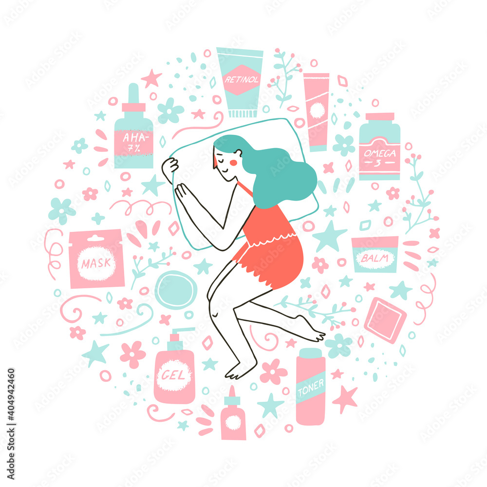 Young girl sleeping well as a part of her acne treatment or evening routine. Beauty rituals concept. Dermatology and self care. Vector illustration in a flat style Young girl sleeping well as a part of her acne treatment or evening routine. Beauty rituals concept. Dermatology and self care. Vector illustration in a flat style